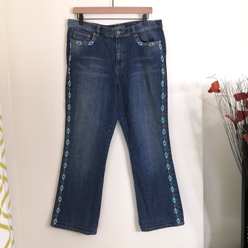 Ralph Lauren Turquoise Aztec Beaded Southwestern Wide Leg Jeans Medium Wash 10P